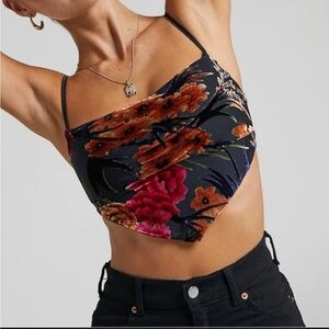 NWT WeWoreWhat Elegant Flocked Velvet Cowl Floral Triangle Back Tie Crop Top